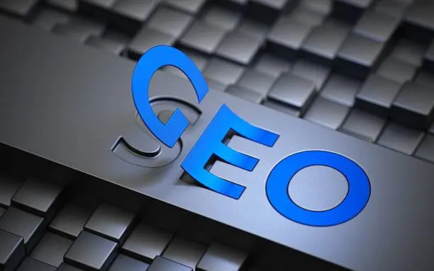 Rendu 3D conceptuel du mot "SEO" en lettres bleues brillante
