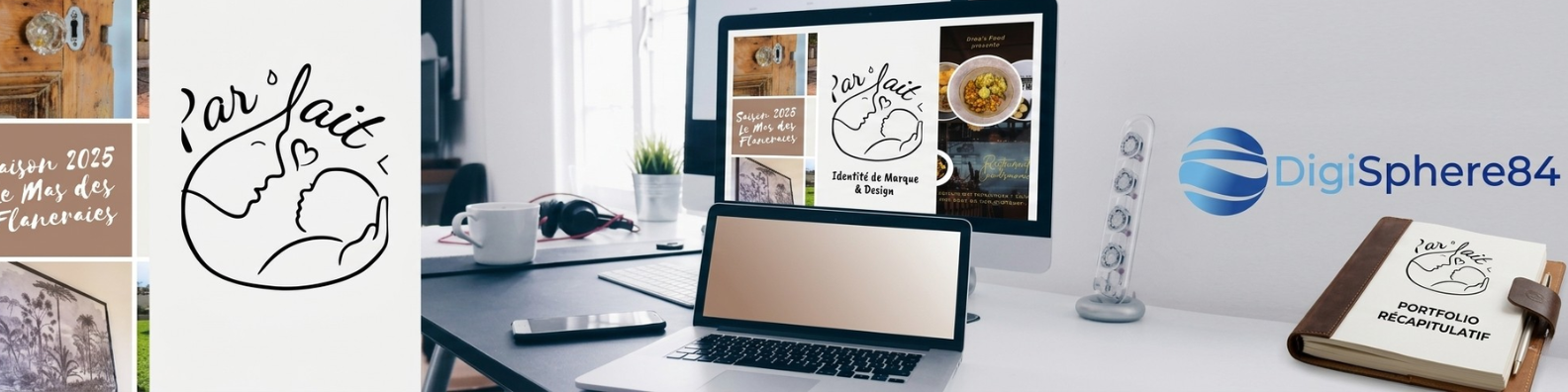 Bannière composite présentant les services de l'agence digitale DigiSphere84, incluant des visuels du Mas des Flaneraies, du projet Par'fait Bébé et de la restauration Drea's Food, mis en scène dans un environnement de bureau moderne.
